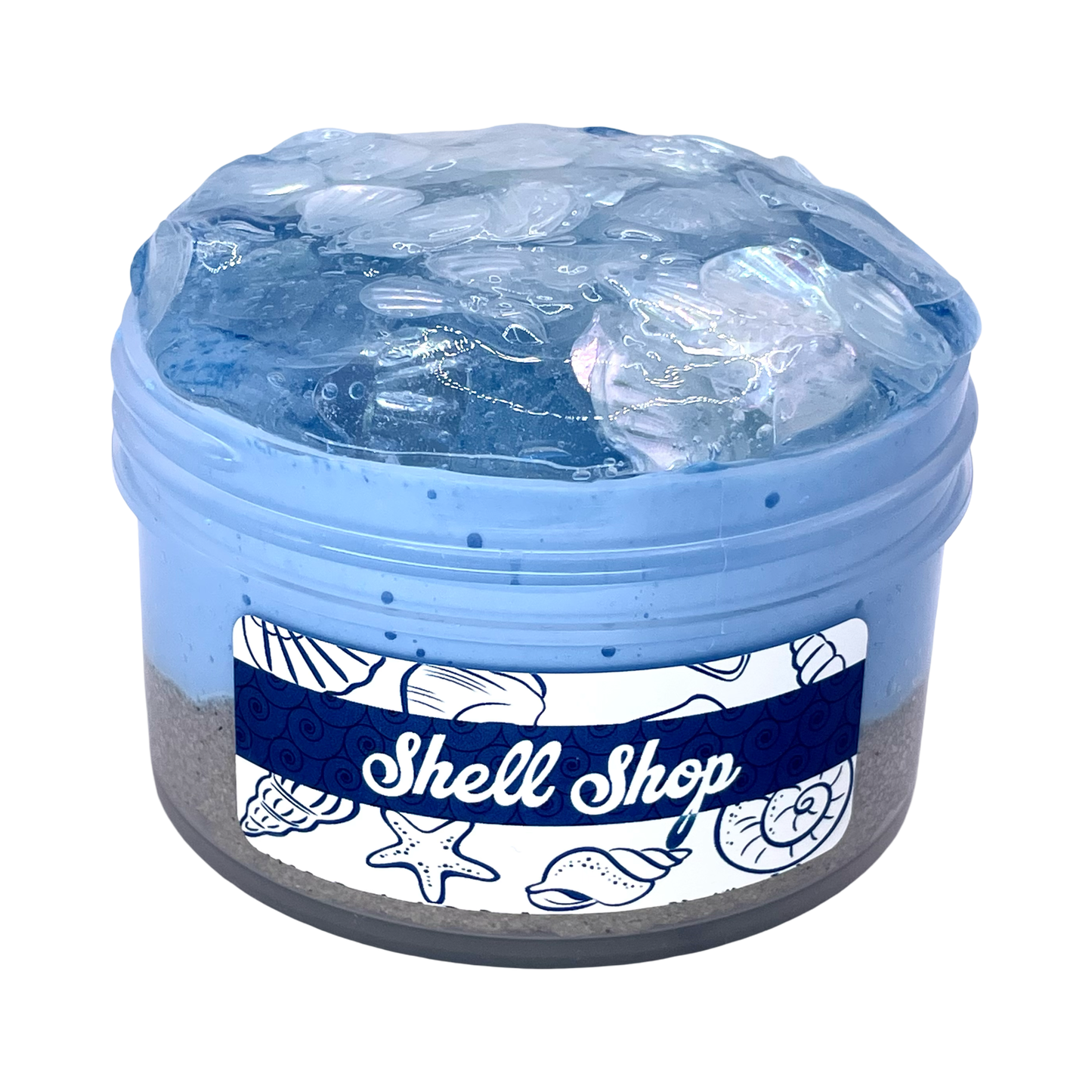 Jar of seashells with a 'Shell Shop' label on a white background