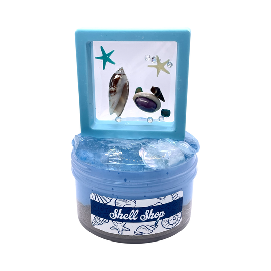 Jar of shell slime with a lid featuring shell illustrations on a white background